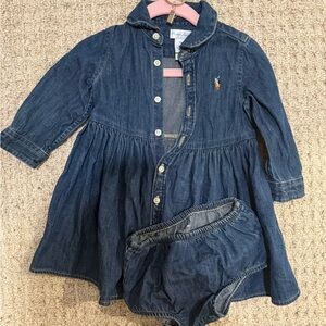 Ralph Lauren Navy Denim Button-Front Baby Dress with Bloomer